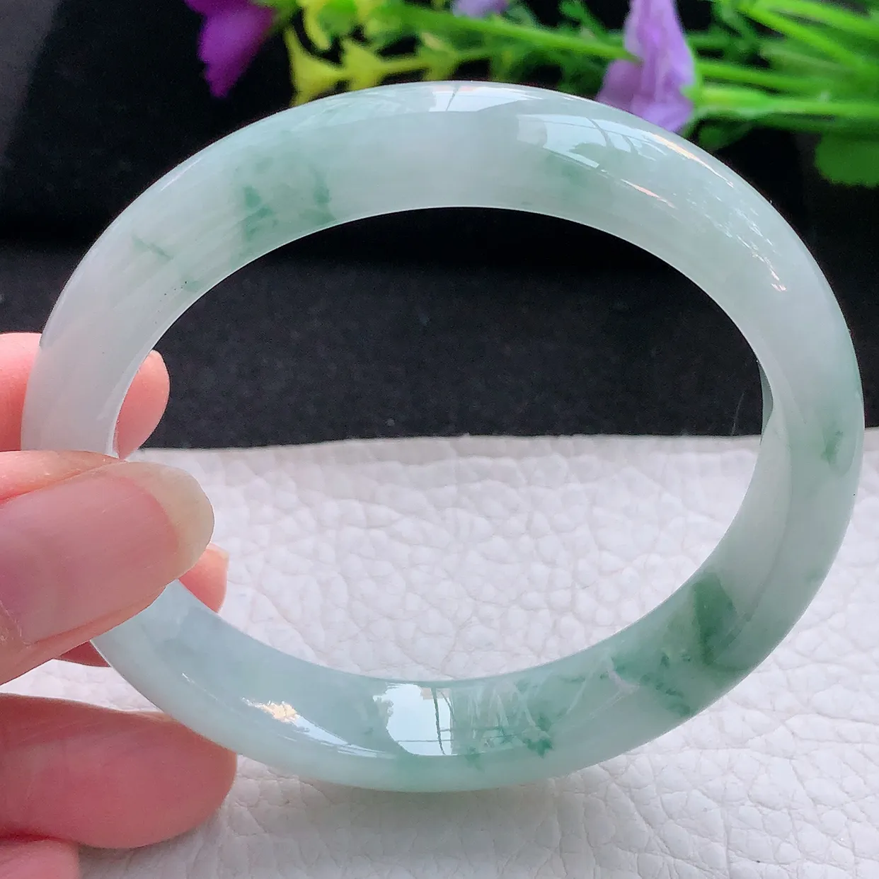 nr大圈口60*12.2*8平安镯 天然翡翠A货手镯飘花宽边正圈玉镯子