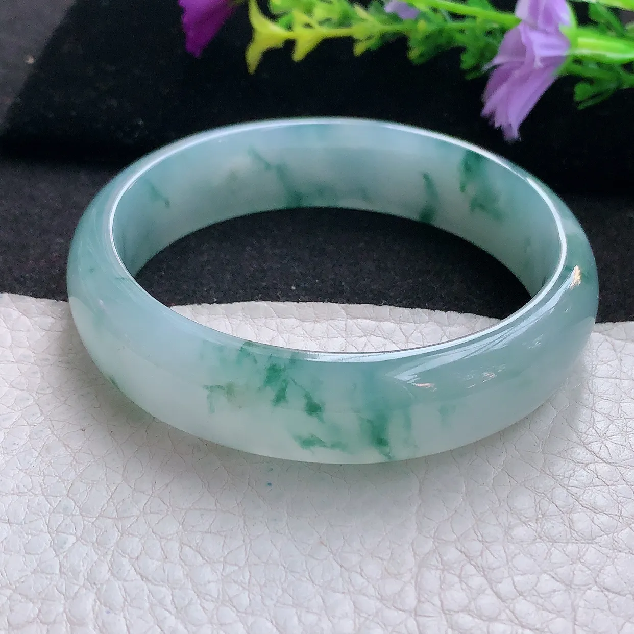 Js实拍58.5*15*7.5平安镯 天然翡翠A货手镯冰透飘花宽边正圈玉镯子