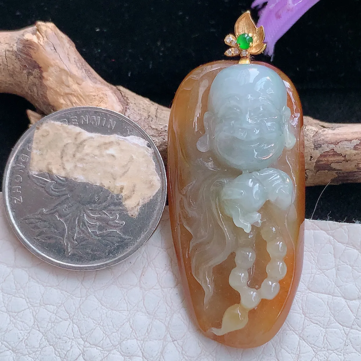 yl实拍42.3*20.5*14缅甸翡翠弥勒佛玉坠 红翡福在眼前项坠镶18k金扣