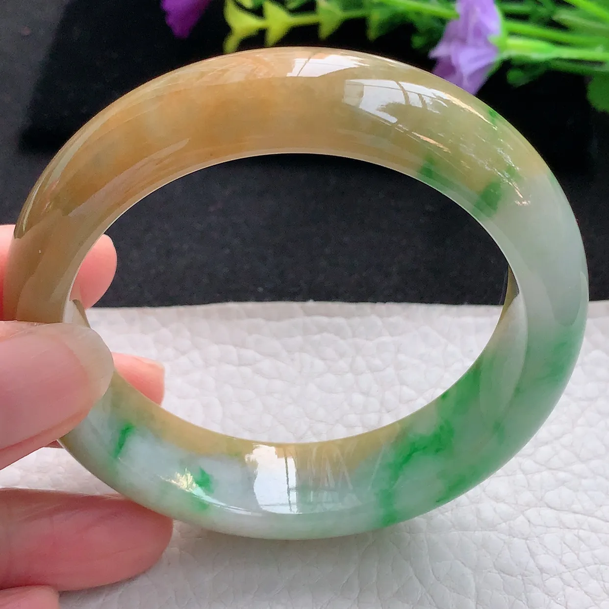 Ss实拍57.5*16.2*9轮胎镯 天然翡翠A货手镯黄加绿三彩宽边正圈平安镯加厚