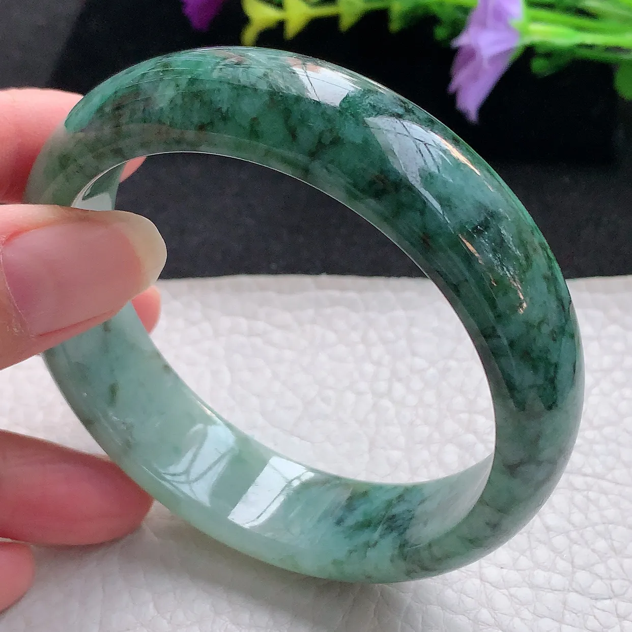 n大圈口59*17*8.5轮胎镯 天然翡翠A货手镯飘花宽边正圈平安镯