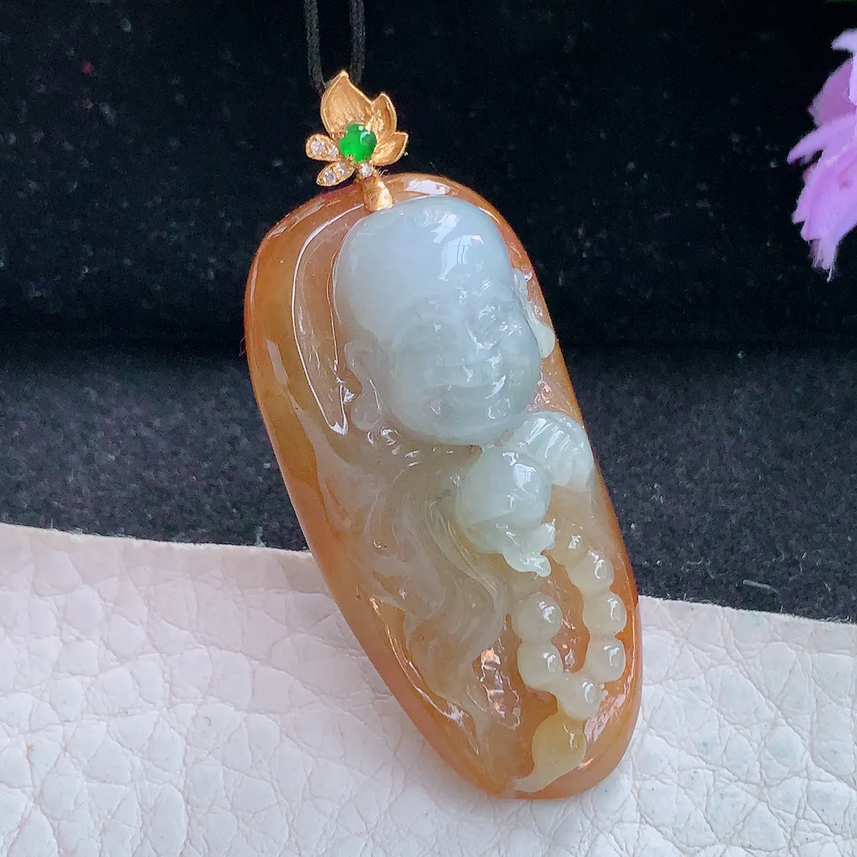 yl实拍42.3*20.5*14缅甸翡翠弥勒佛玉坠 红翡福在眼前项坠镶18k金扣