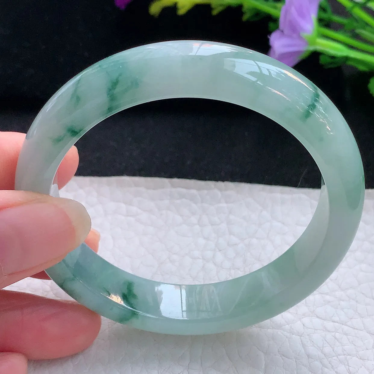 xh实拍55*12.2*8平安镯 天然缅甸翡翠手镯冰飘花玉镯