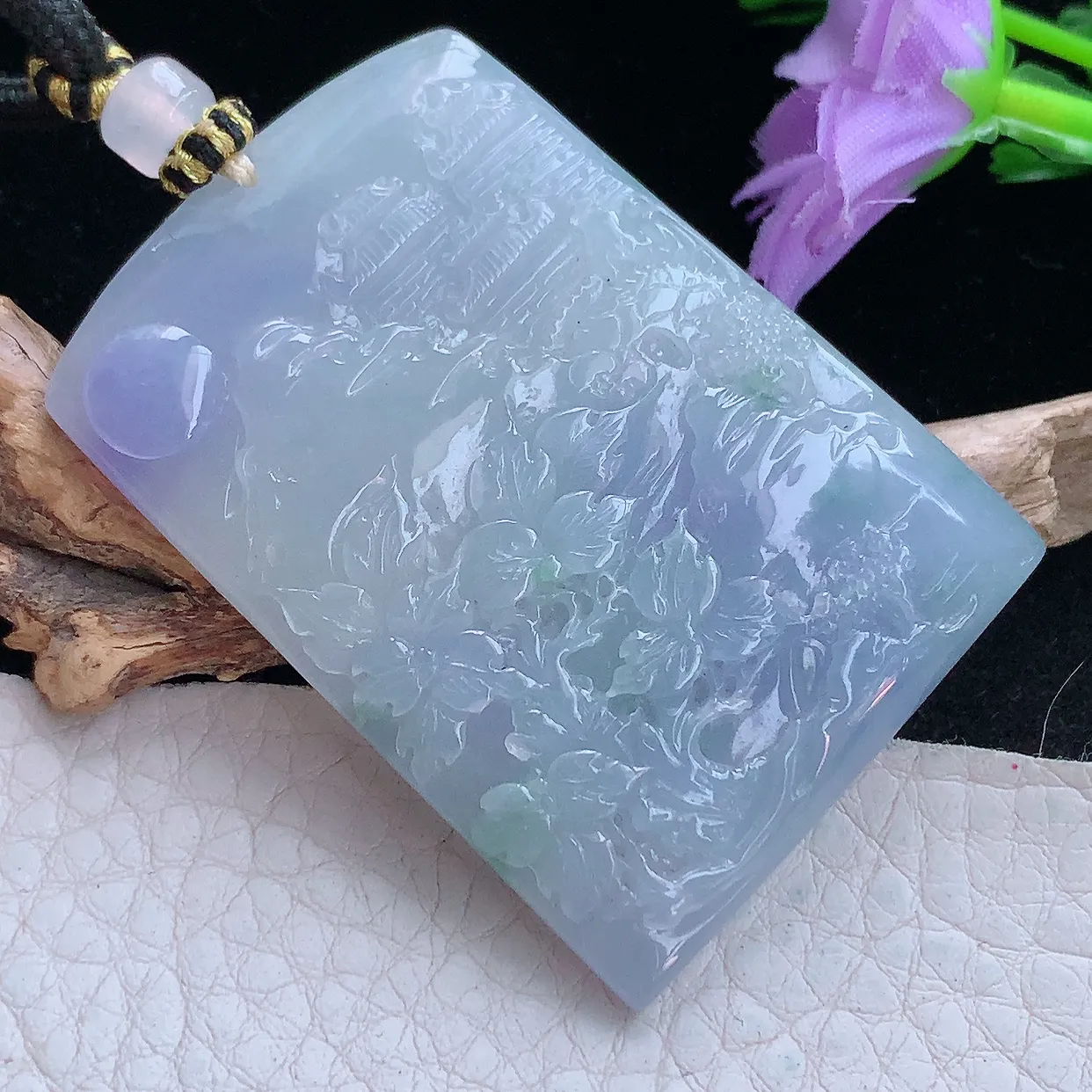 yl实拍50.5*36.8*5.6缅甸翡翠紫罗兰山水牌玉坠