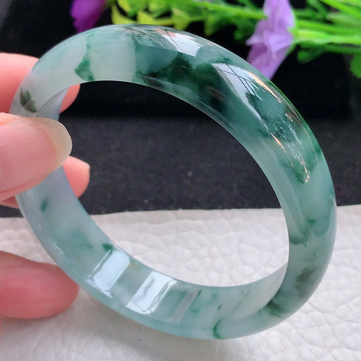 Js实拍57*14.8*6.6平安镯 天然翡翠A货手镯冰透飘花宽边正圈玉镯子