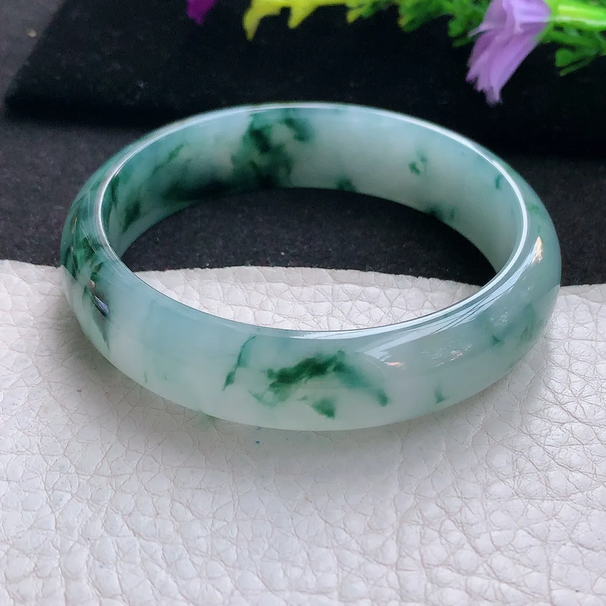 Js实拍57*14.8*6.6平安镯 天然翡翠A货手镯冰透飘花宽边正圈玉镯子