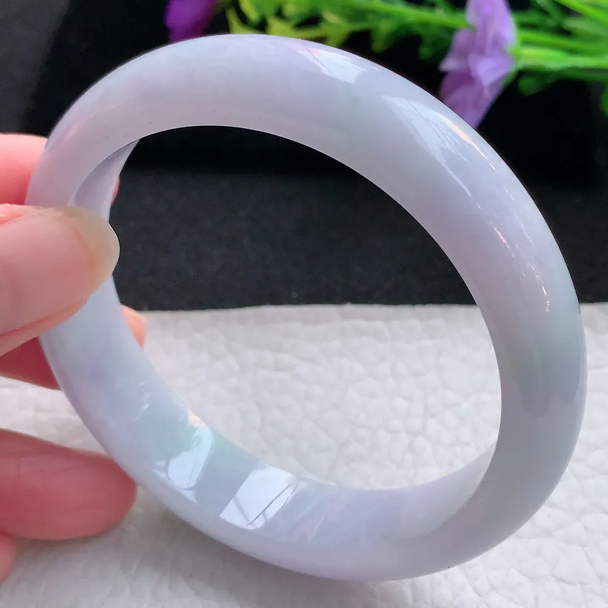 Ee大圈口59.3*14*7.8平安镯 天然翡翠A货手镯淡绿淡紫宽边正圈玉镯子