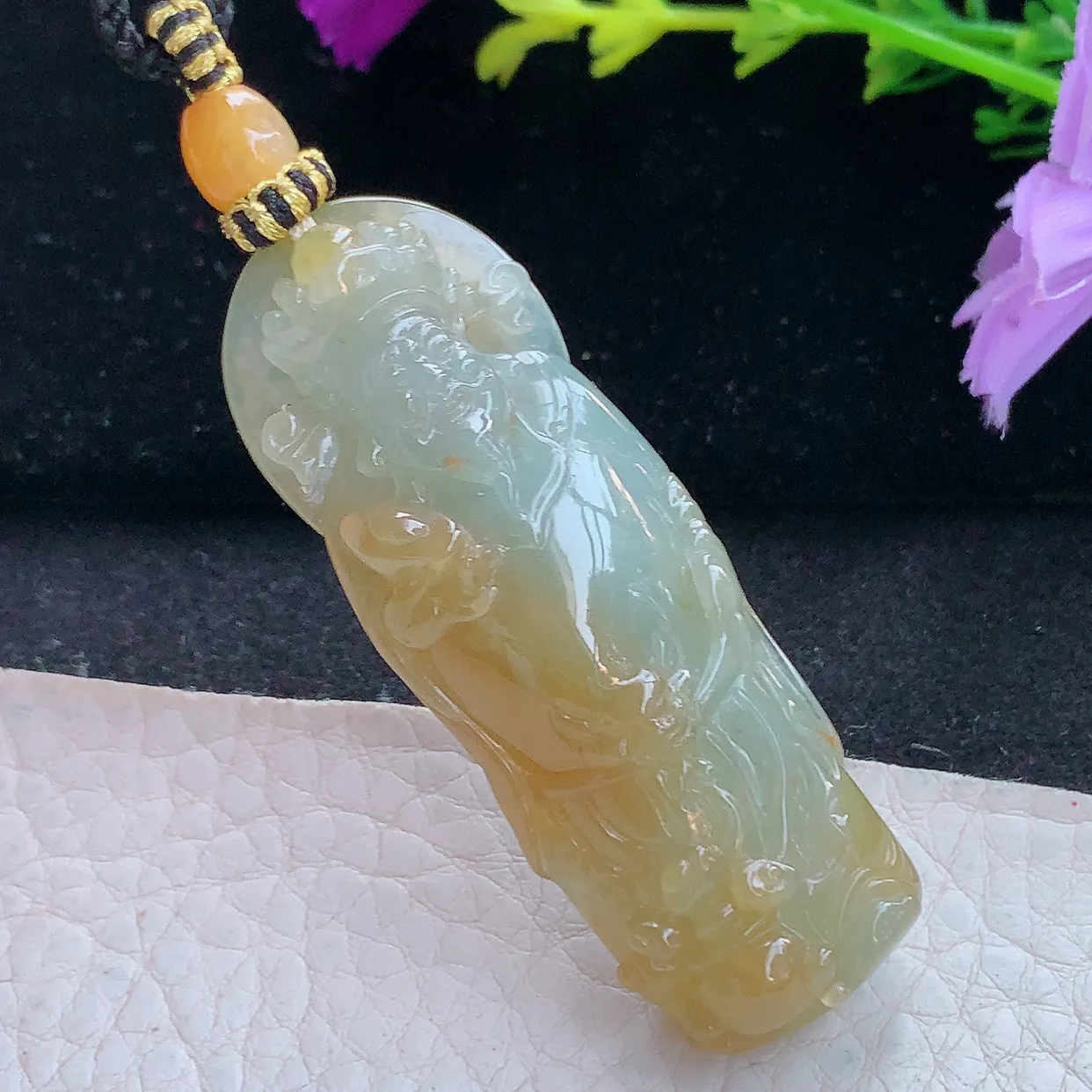 yl实拍56.5*20.3*10.5缅甸翡翠财神爷玉坠 红黄翡招财进宝镶18k金扣