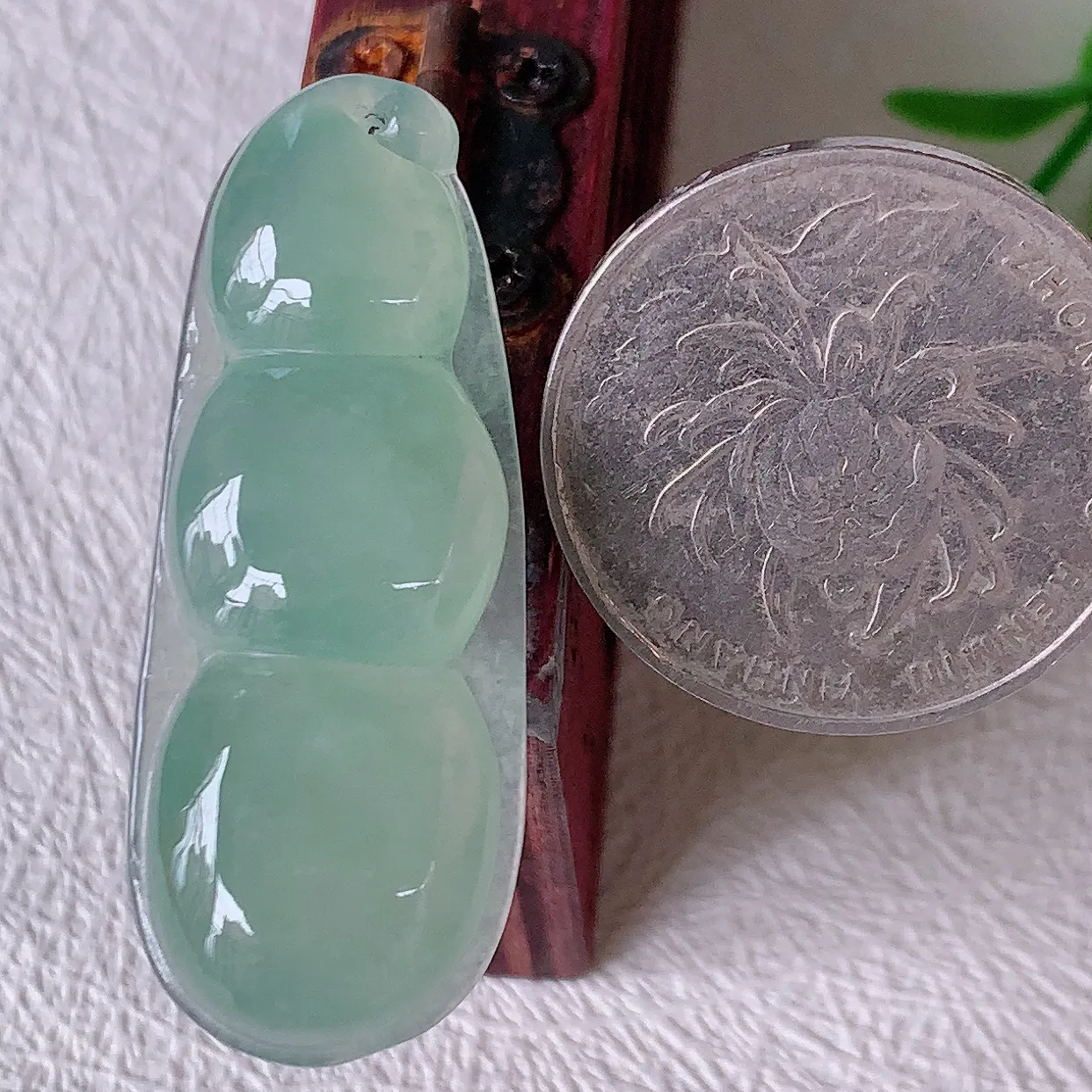 自然光实拍，冰种满绿翡翠福豆吊坠，寓意“四季平安，福气满满”胶感十足，饱满，佩戴效果优雅迷人！#01.24