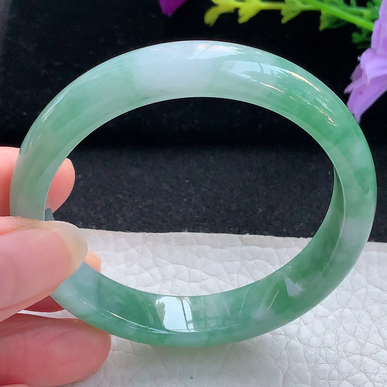 xh实拍53*11.8*6.8平安镯 天然翡翠A货手镯油绿正圈镯 宽边玉镯