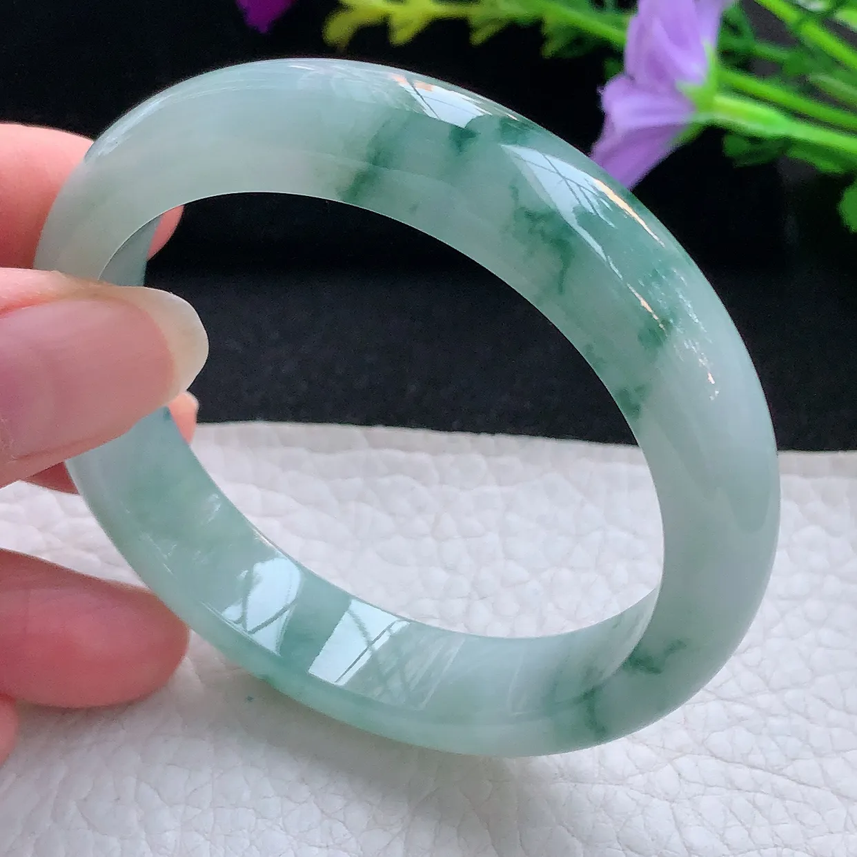 xh实拍55*12.2*8平安镯 天然缅甸翡翠手镯冰飘花玉镯