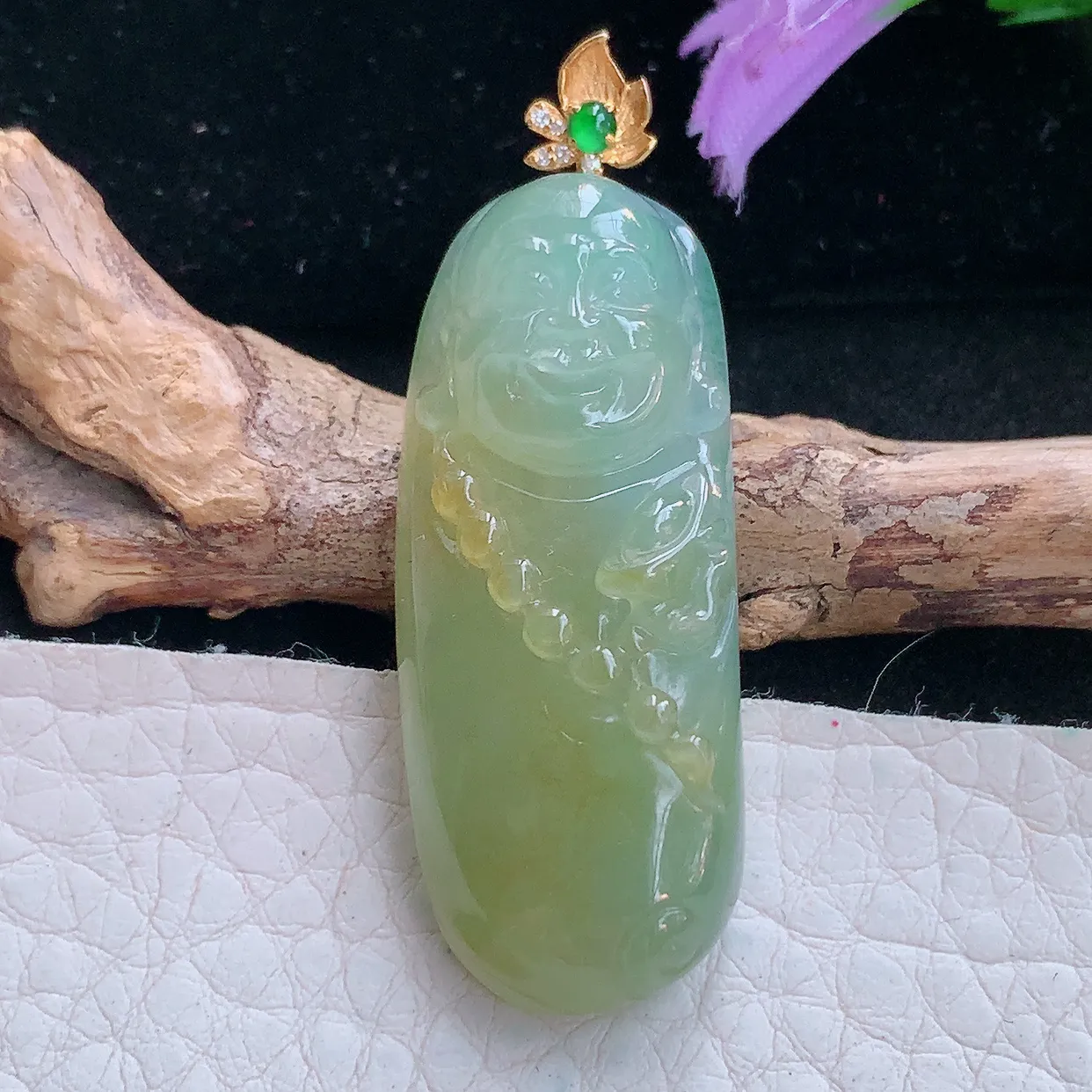 yl实拍40*16.5*10缅甸翡翠弥勒佛玉坠 黄翡福在眼前项坠镶18k金扣