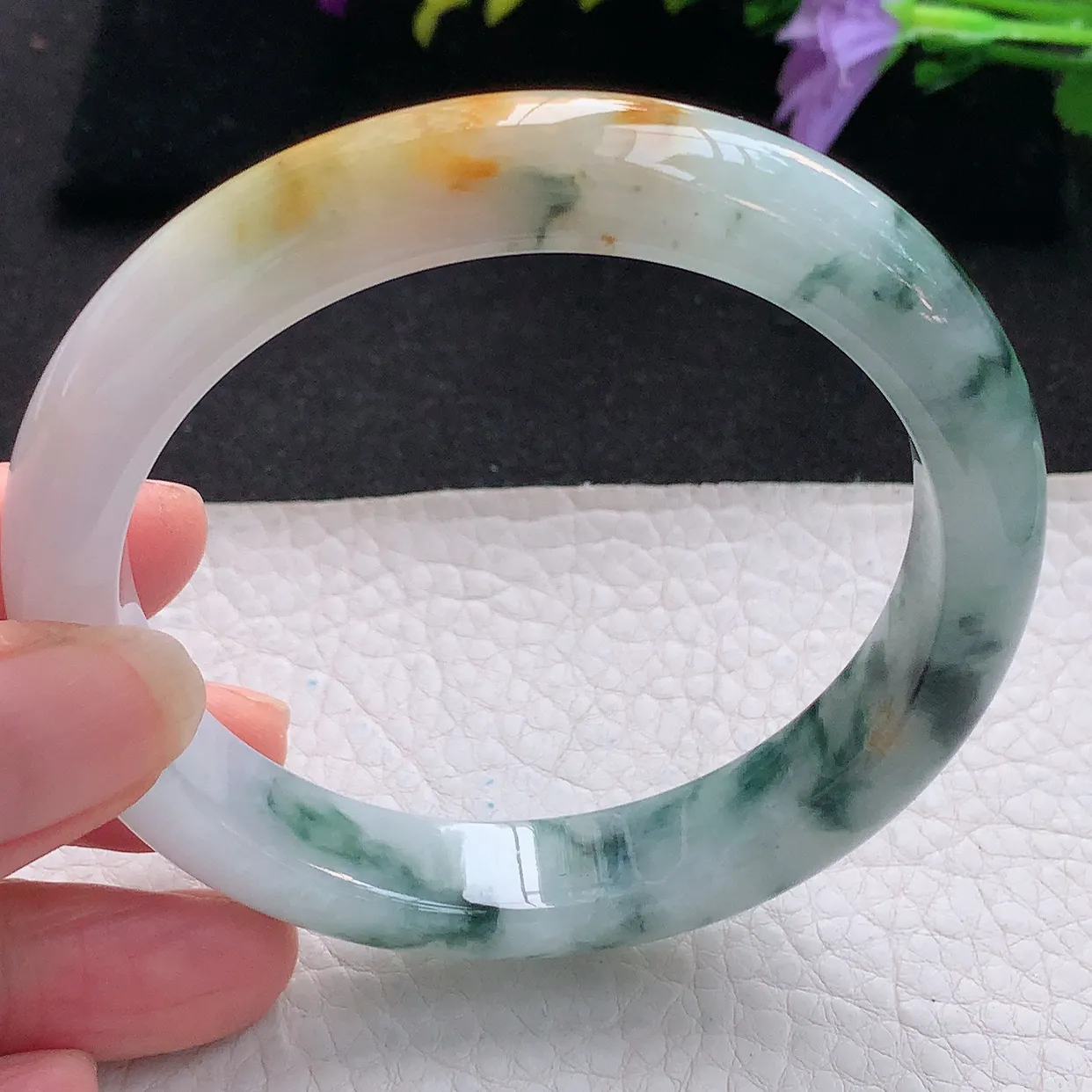 ss大圈口60*11.8*8.8平字镯 天然翡翠A货手镯三彩黄翡飘花宽边正圈平安镯