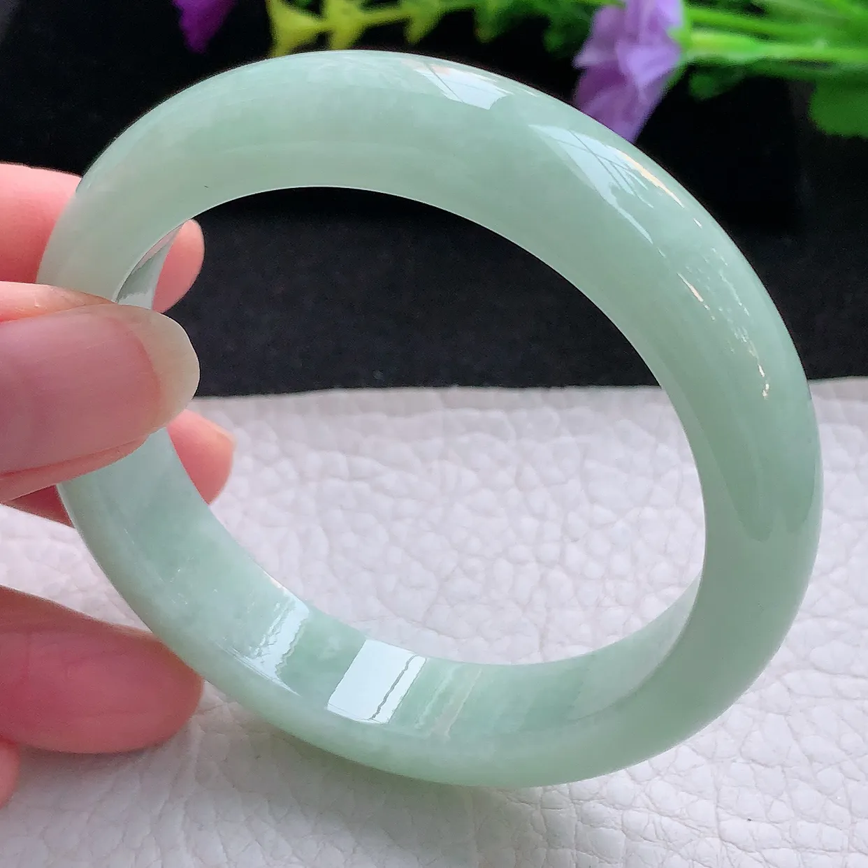 Ee大圈口55*12.5*8.5平安镯 天然翡翠A货手镯甜绿宽边正圈玉镯子