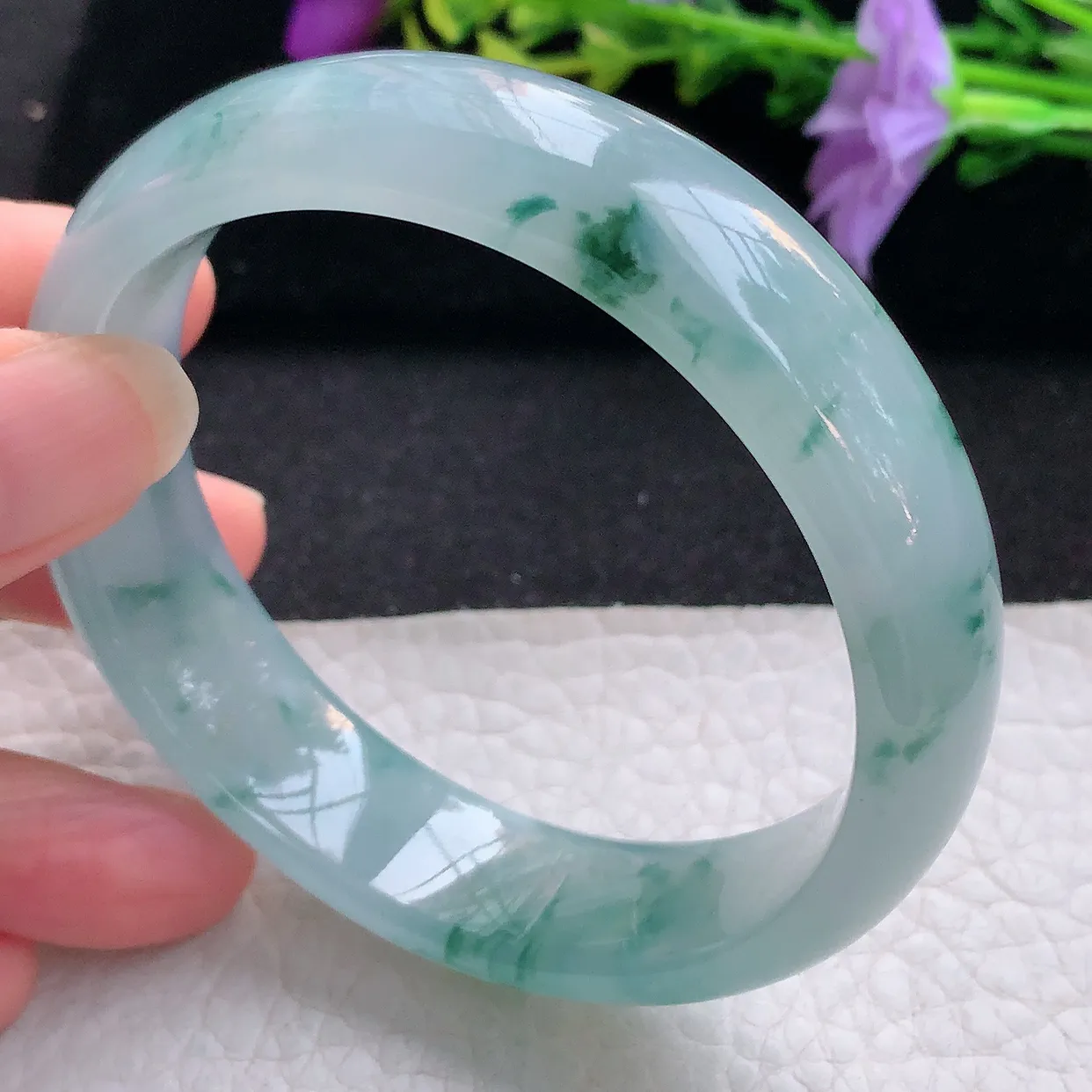 Js实拍58.5*15*7.5平安镯 天然翡翠A货手镯冰透飘花宽边正圈玉镯子