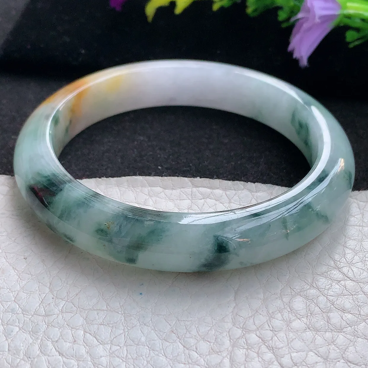 ss大圈口60*11.8*8.8平字镯 天然翡翠A货手镯三彩黄翡飘花宽边正圈平安镯