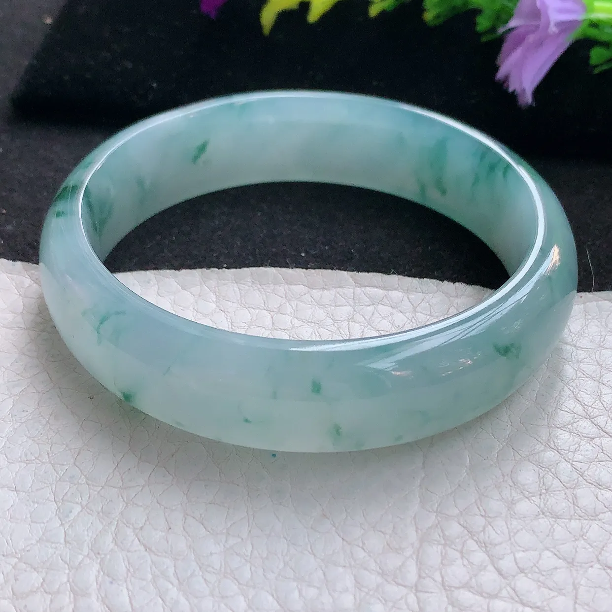 Js实拍58.5*15*7.5平安镯 天然翡翠A货手镯冰透飘花宽边正圈玉镯子