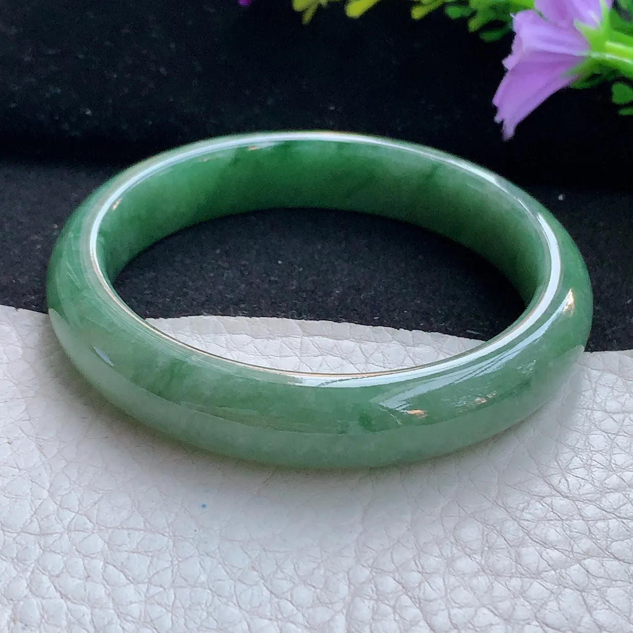 xx大圈口56.5*12*7.6平安镯 天然翡翠A货手镯油绿飘花宽边正圈玉镯子