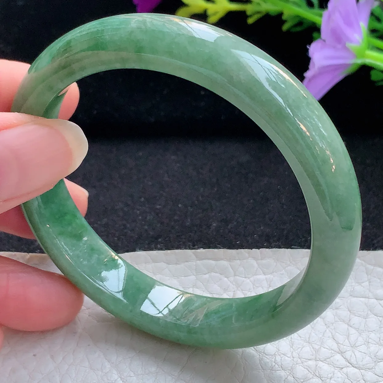 xx大圈口56.5*12*7.6平安镯 天然翡翠A货手镯油绿飘花宽边正圈玉镯子