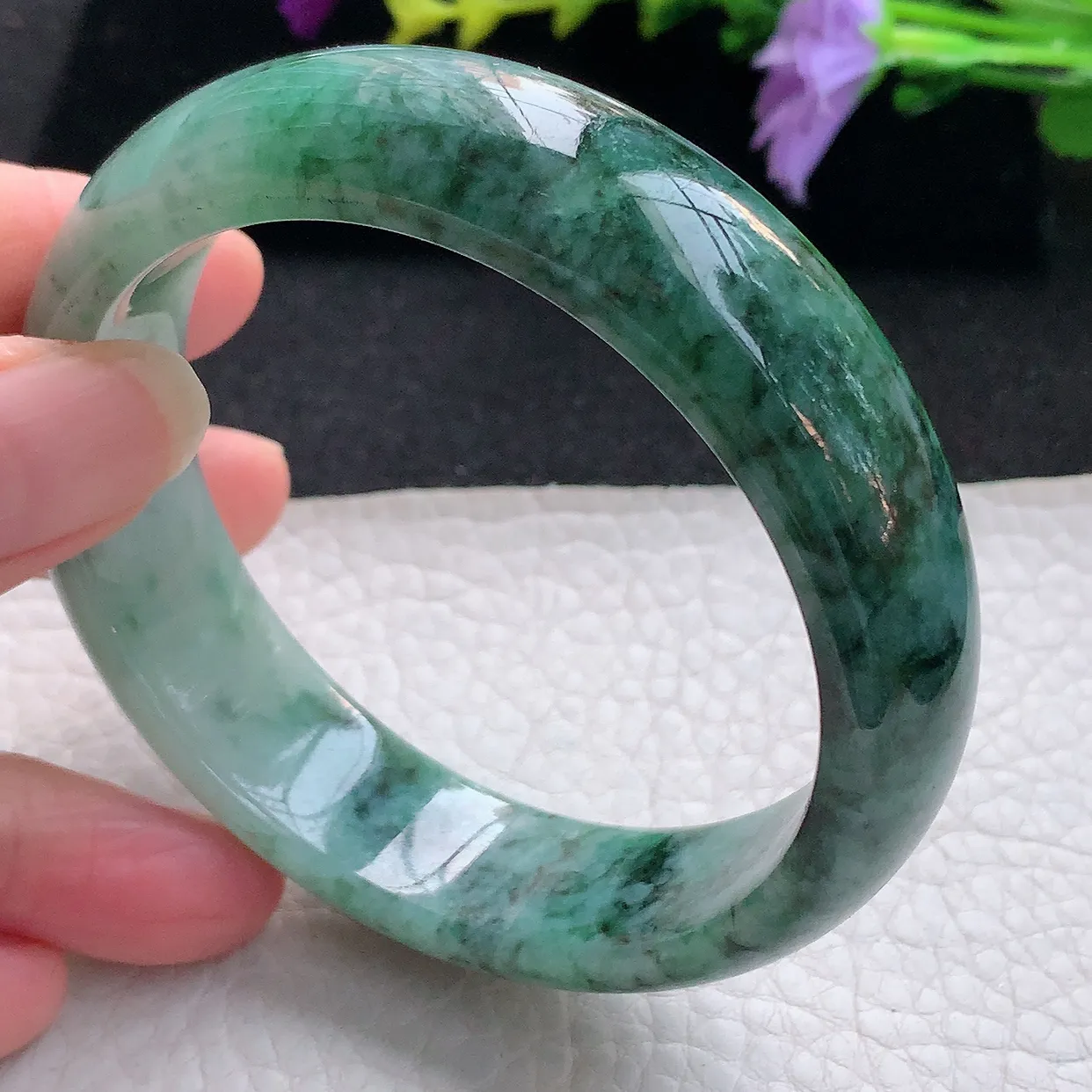 n大圈口59*17*8.5轮胎镯 天然翡翠A货手镯飘花宽边正圈平安镯