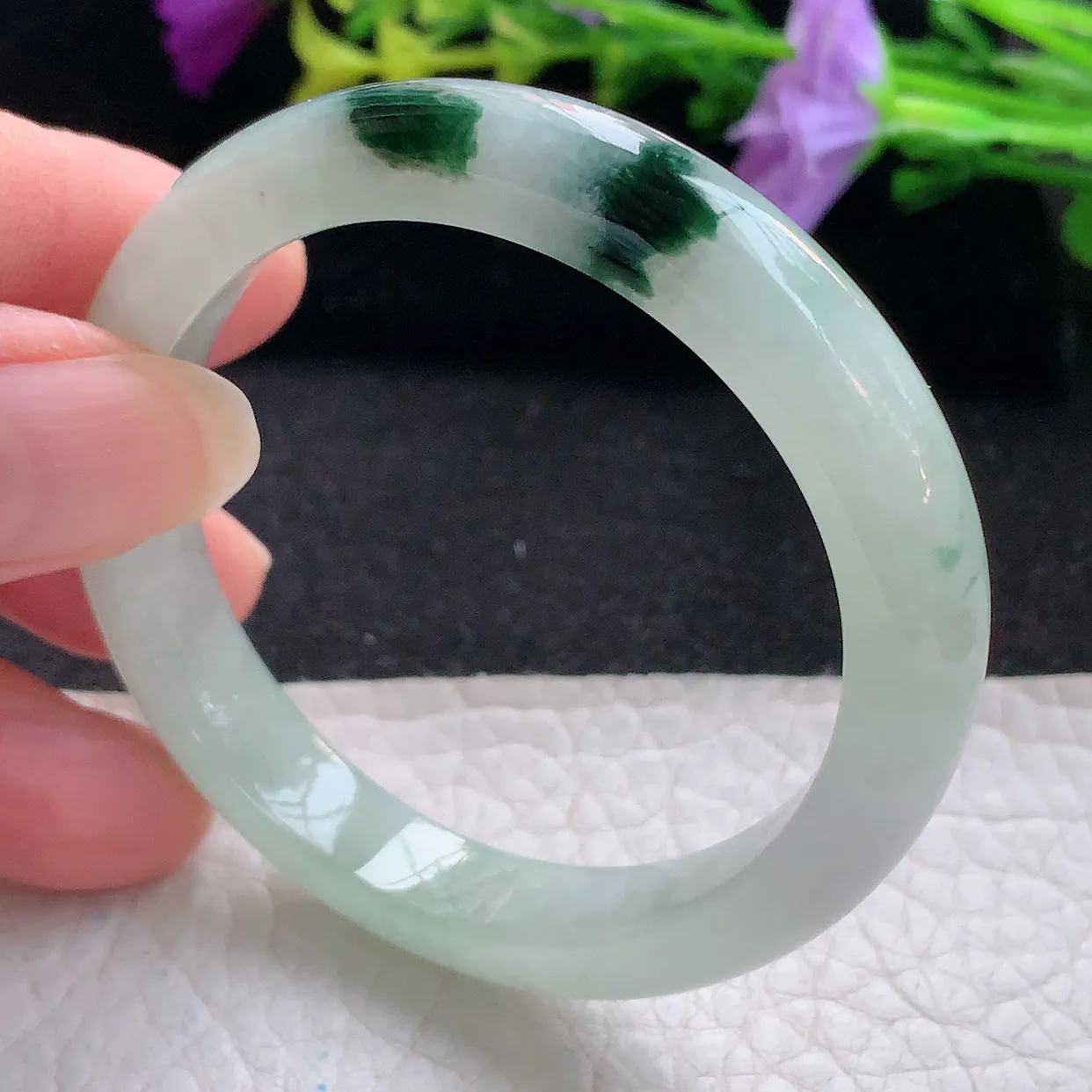 Z实拍54*46.5*9*7贵妃镯 天然翡翠A货手镯冰飘花宽边椭圆玉镯子