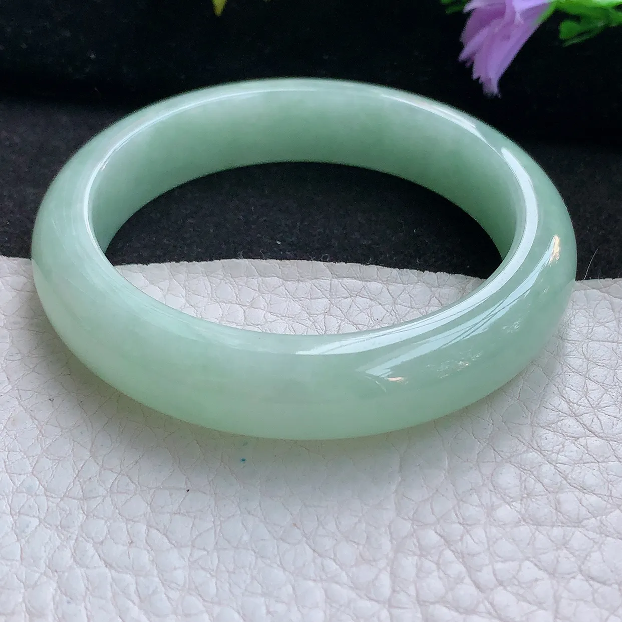 Ee大圈口55*12.5*8.5平安镯 天然翡翠A货手镯甜绿宽边正圈玉镯子