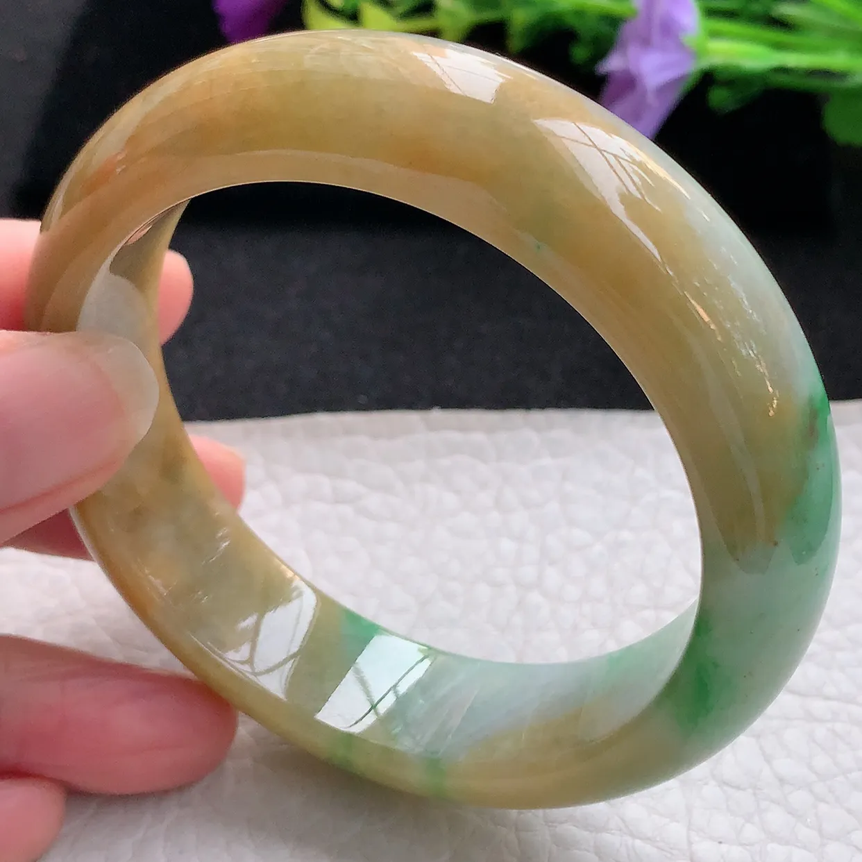 Ss实拍57.5*16.2*9轮胎镯 天然翡翠A货手镯黄加绿三彩宽边正圈平安镯加厚