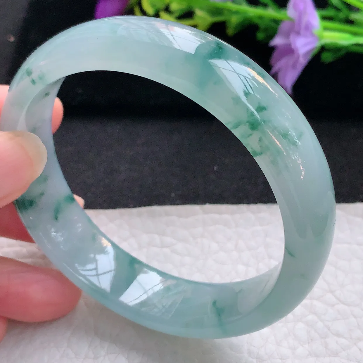 Js实拍58.5*15*7.5平安镯 天然翡翠A货手镯冰透飘花宽边正圈玉镯子