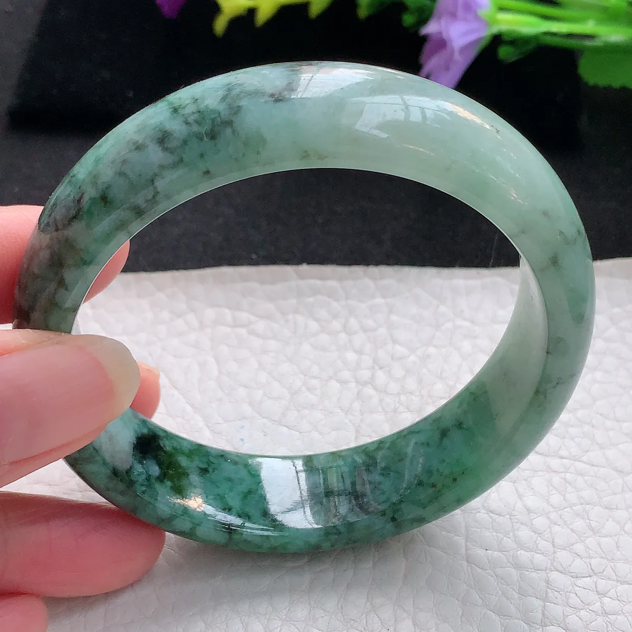n大圈口59*17*8.5轮胎镯 天然翡翠A货手镯飘花宽边正圈平安镯