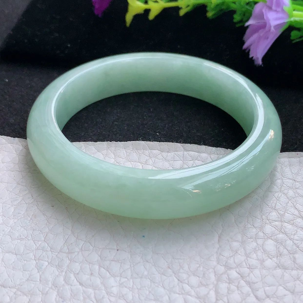 Ee大圈口55*12.5*8.5平安镯 天然翡翠A货手镯甜绿宽边正圈玉镯子