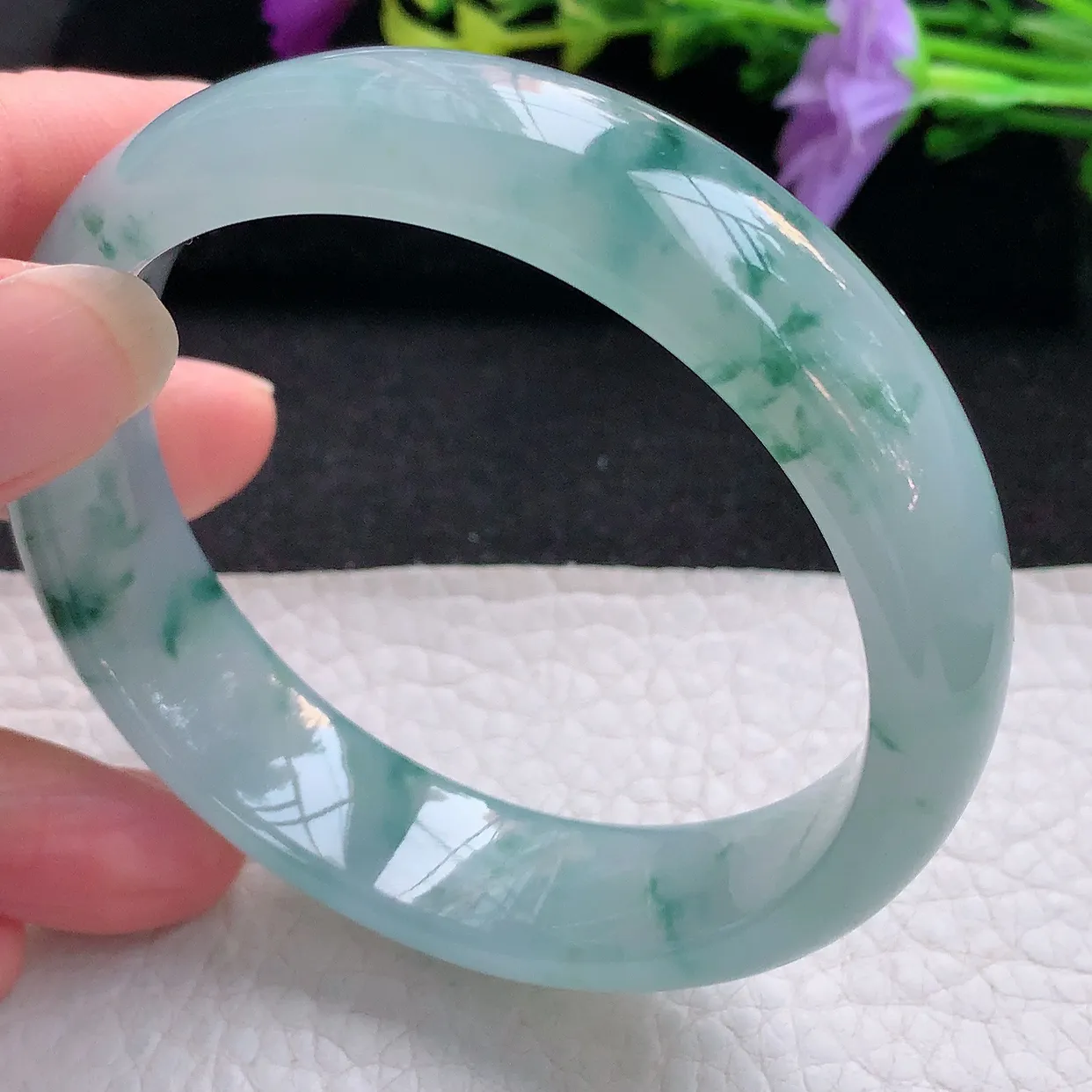 Js实拍58.5*15*7.5平安镯 天然翡翠A货手镯冰透飘花宽边正圈玉镯子