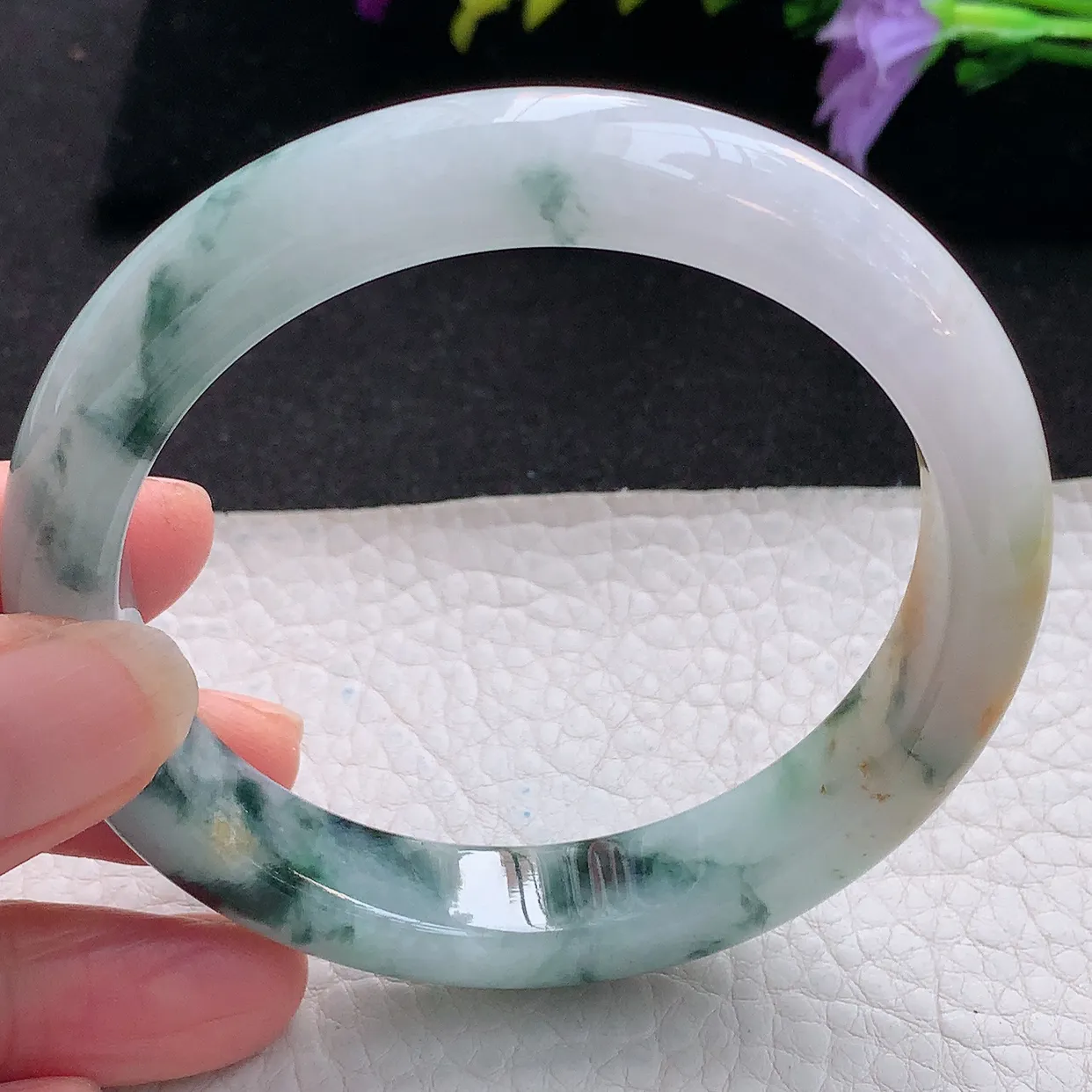 ss大圈口60*11.8*8.8平字镯 天然翡翠A货手镯三彩黄翡飘花宽边正圈平安镯