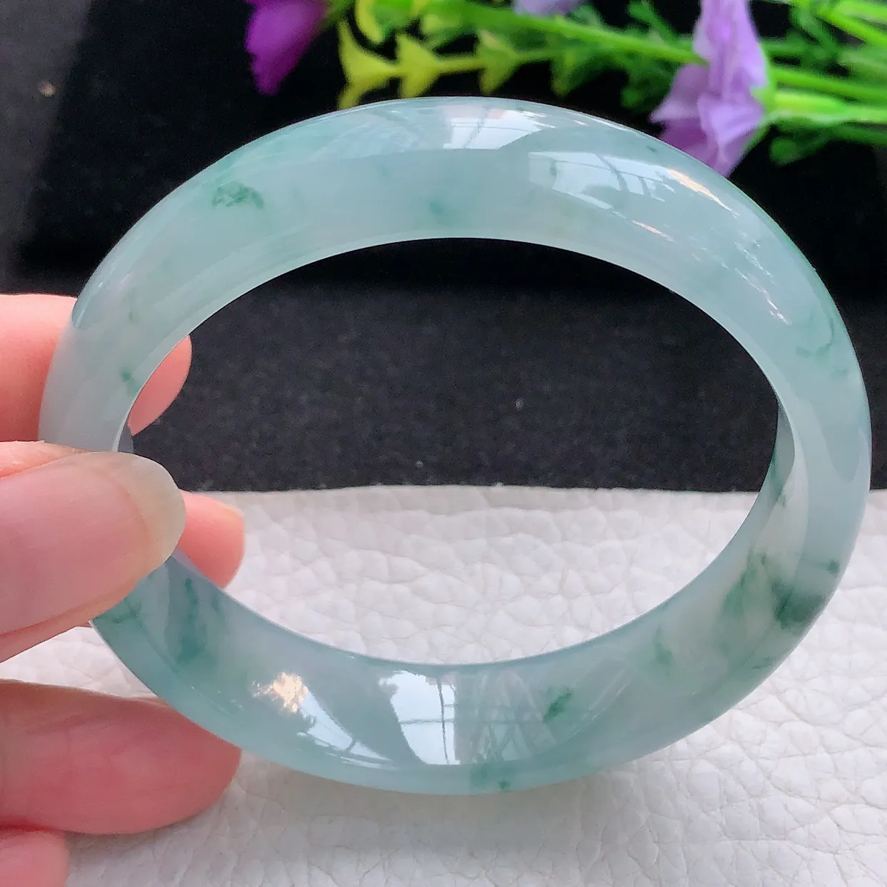 Js实拍58.5*15*7.5平安镯 天然翡翠A货手镯冰透飘花宽边正圈玉镯子