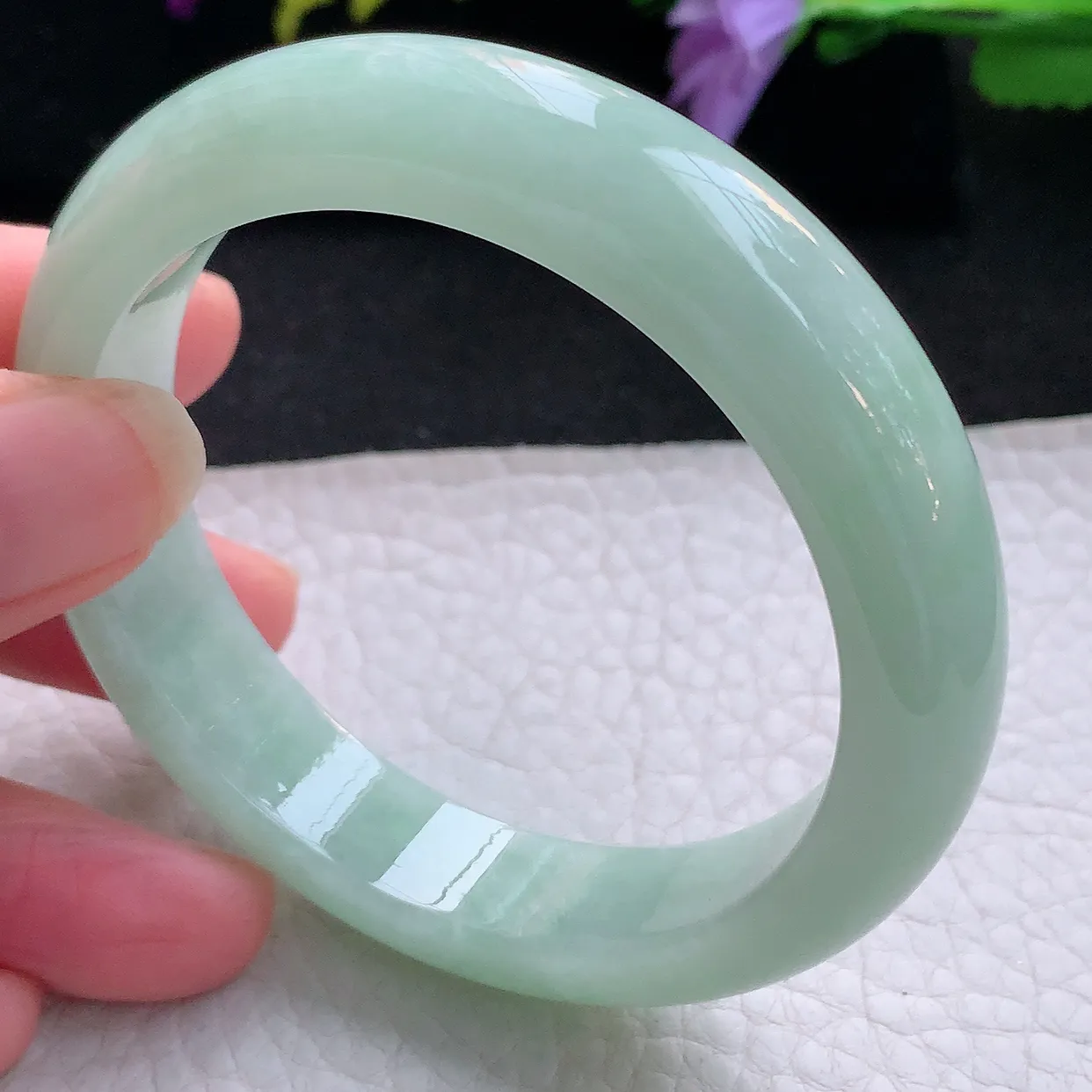 Ee大圈口55*12.5*8.5平安镯 天然翡翠A货手镯甜绿宽边正圈玉镯子