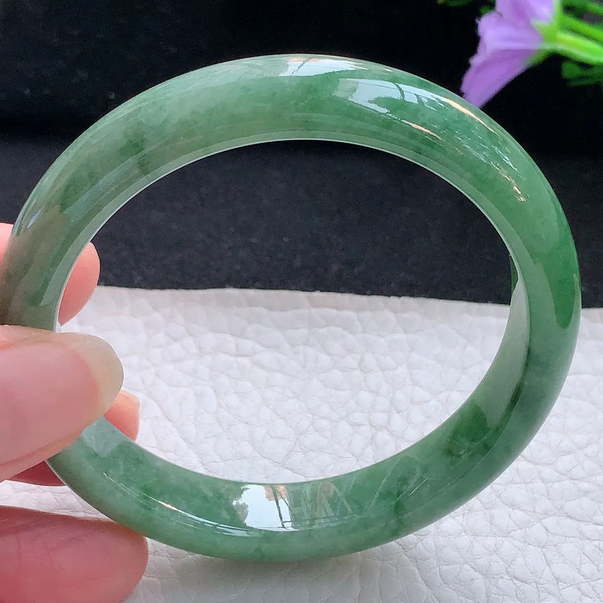 xx大圈口56.5*12*7.6平安镯 天然翡翠A货手镯油绿飘花宽边正圈玉镯子