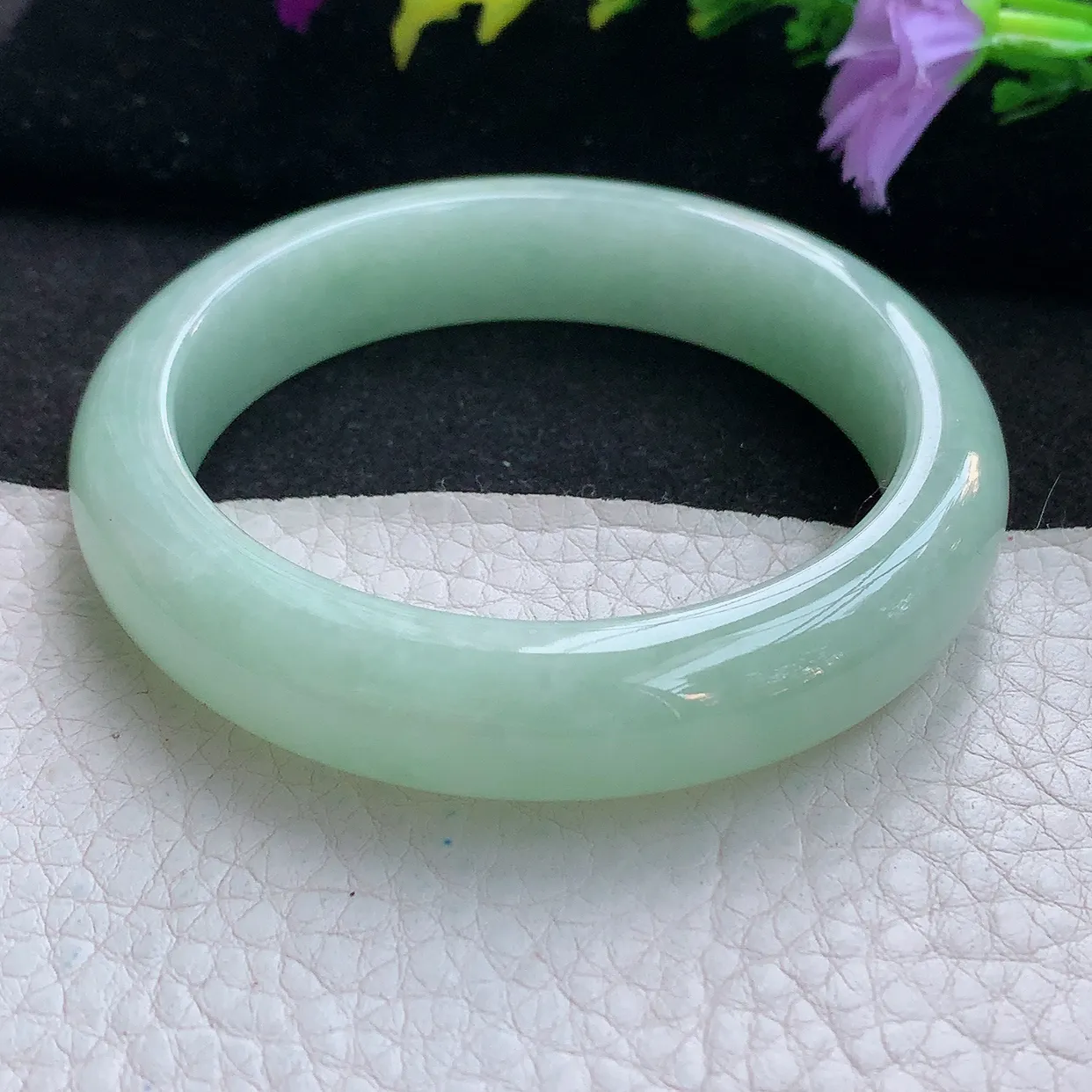 Ee大圈口55*12.5*8.5平安镯 天然翡翠A货手镯甜绿宽边正圈玉镯子