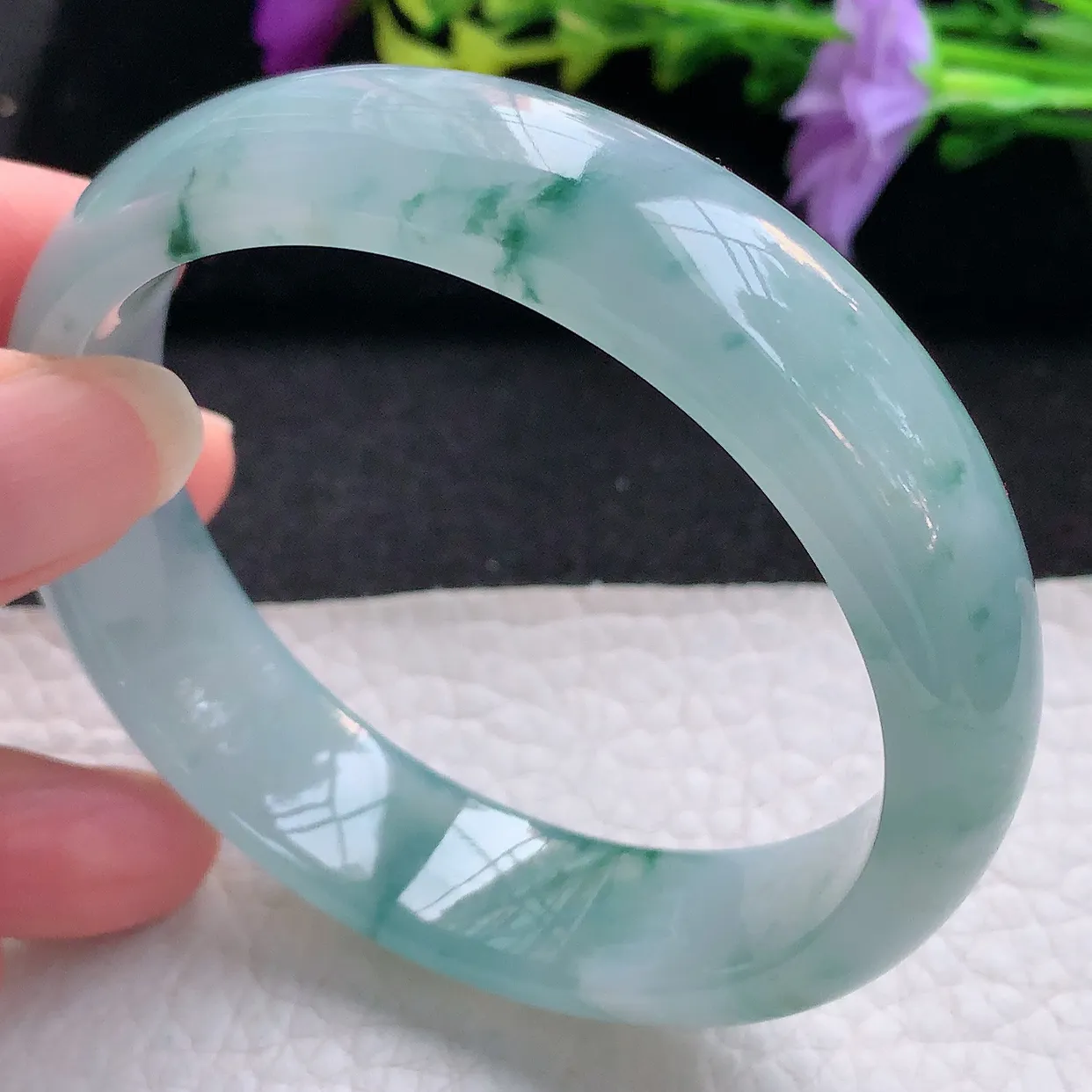 Js实拍58.5*15*7.5平安镯 天然翡翠A货手镯冰透飘花宽边正圈玉镯子