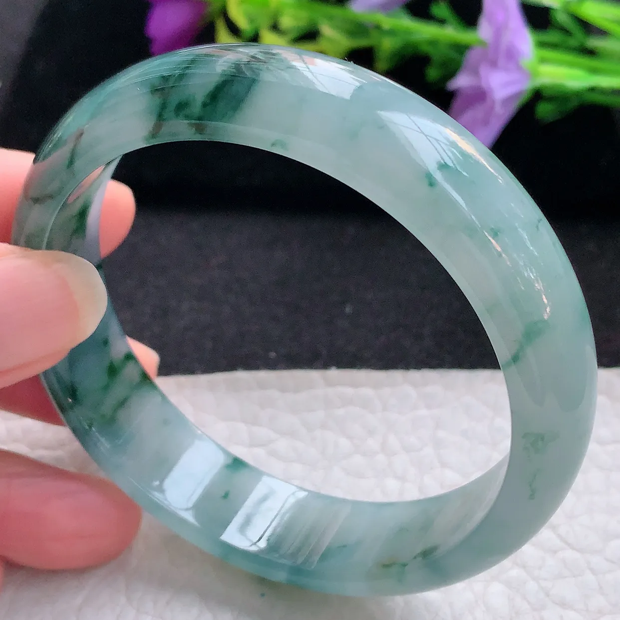 Js实拍57*14.8*6.6平安镯 天然翡翠A货手镯冰透飘花宽边正圈玉镯子