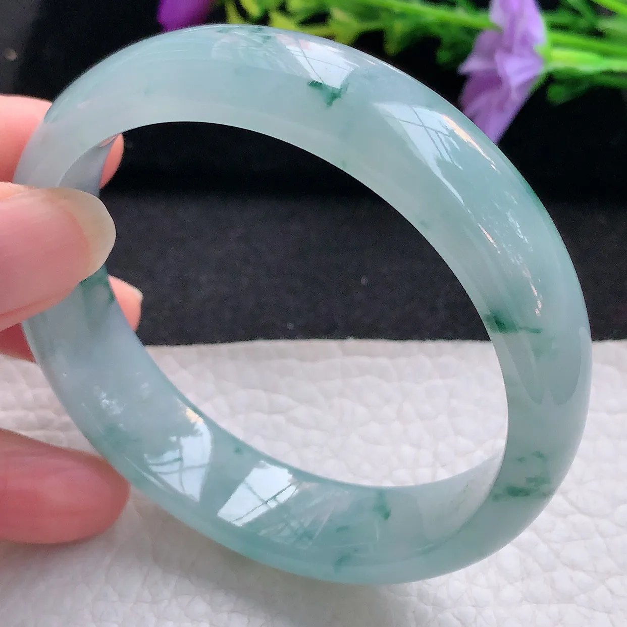 Js实拍58.5*15*7.5平安镯 天然翡翠A货手镯冰透飘花宽边正圈玉镯子