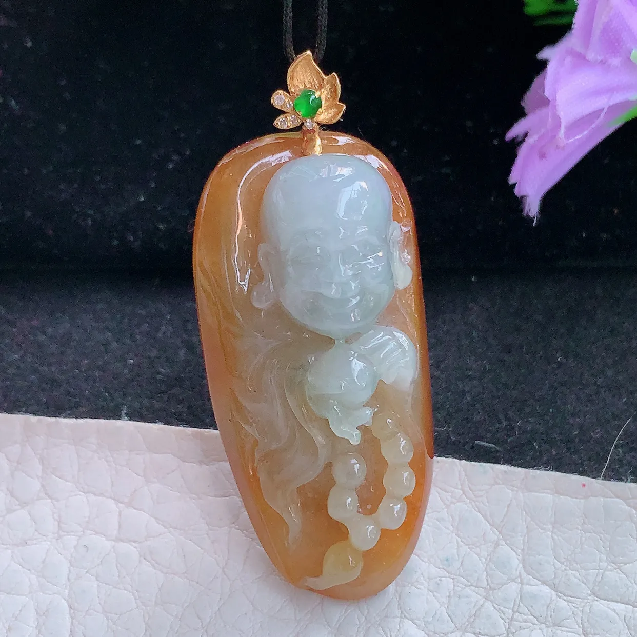 yl实拍42.3*20.5*14缅甸翡翠弥勒佛玉坠 红翡福在眼前项坠镶18k金扣