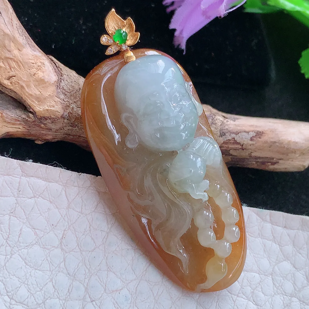 yl实拍42.3*20.5*14缅甸翡翠弥勒佛玉坠 红翡福在眼前项坠镶18k金扣