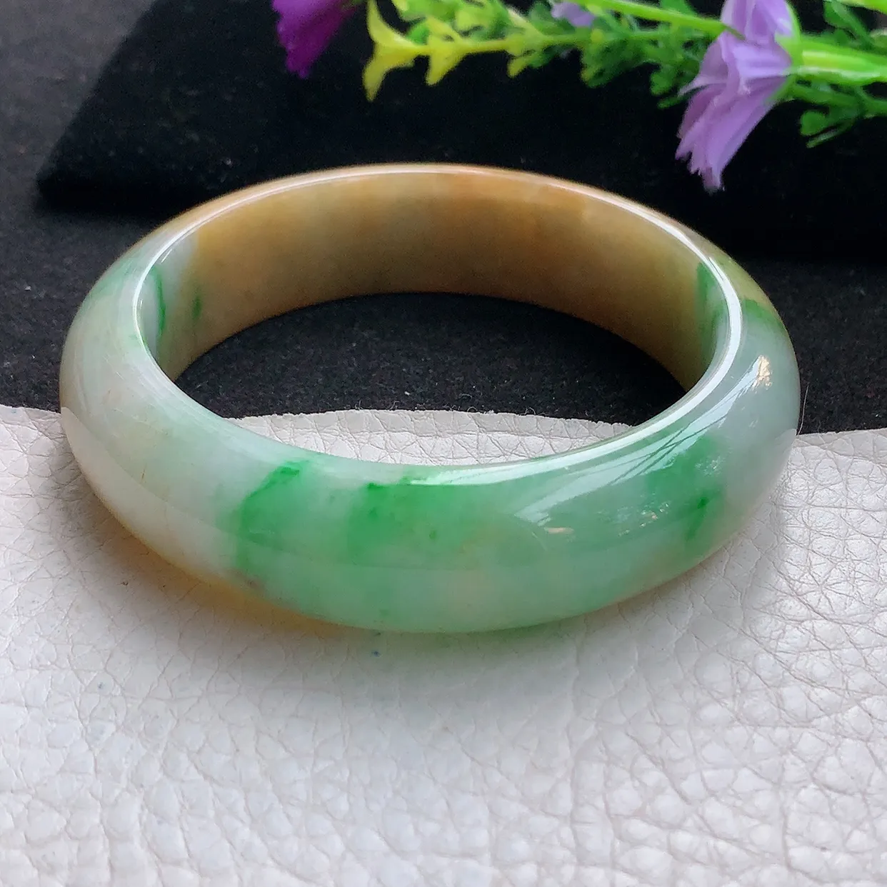 Ss实拍57.5*16.2*9轮胎镯 天然翡翠A货手镯黄加绿三彩宽边正圈平安镯加厚