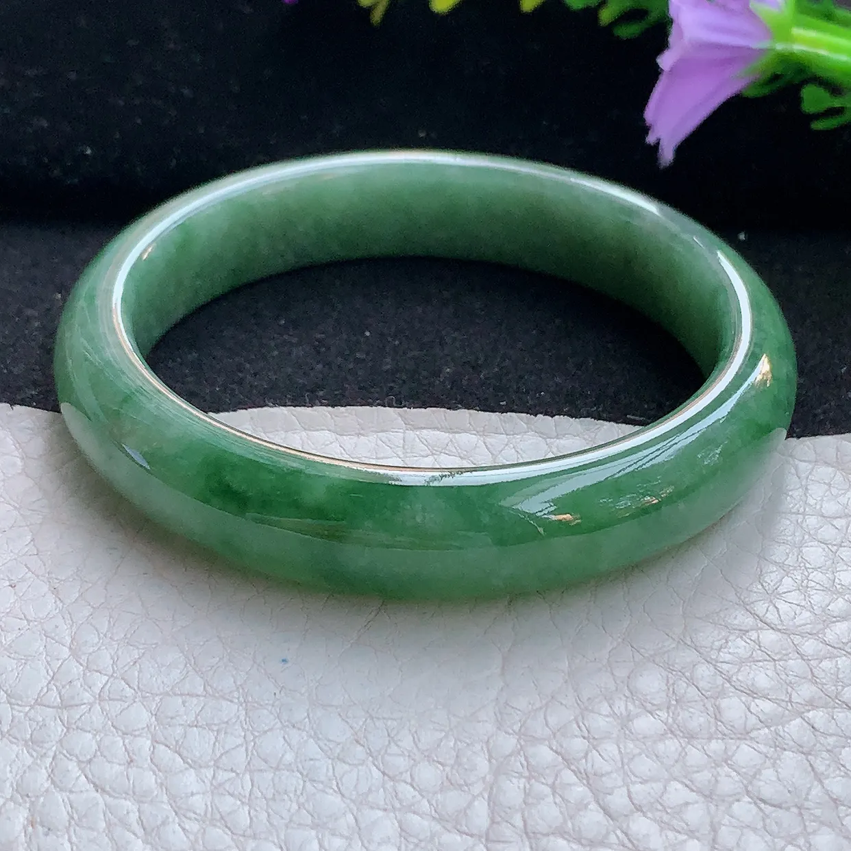 xx大圈口56.5*12*7.6平安镯 天然翡翠A货手镯油绿飘花宽边正圈玉镯子