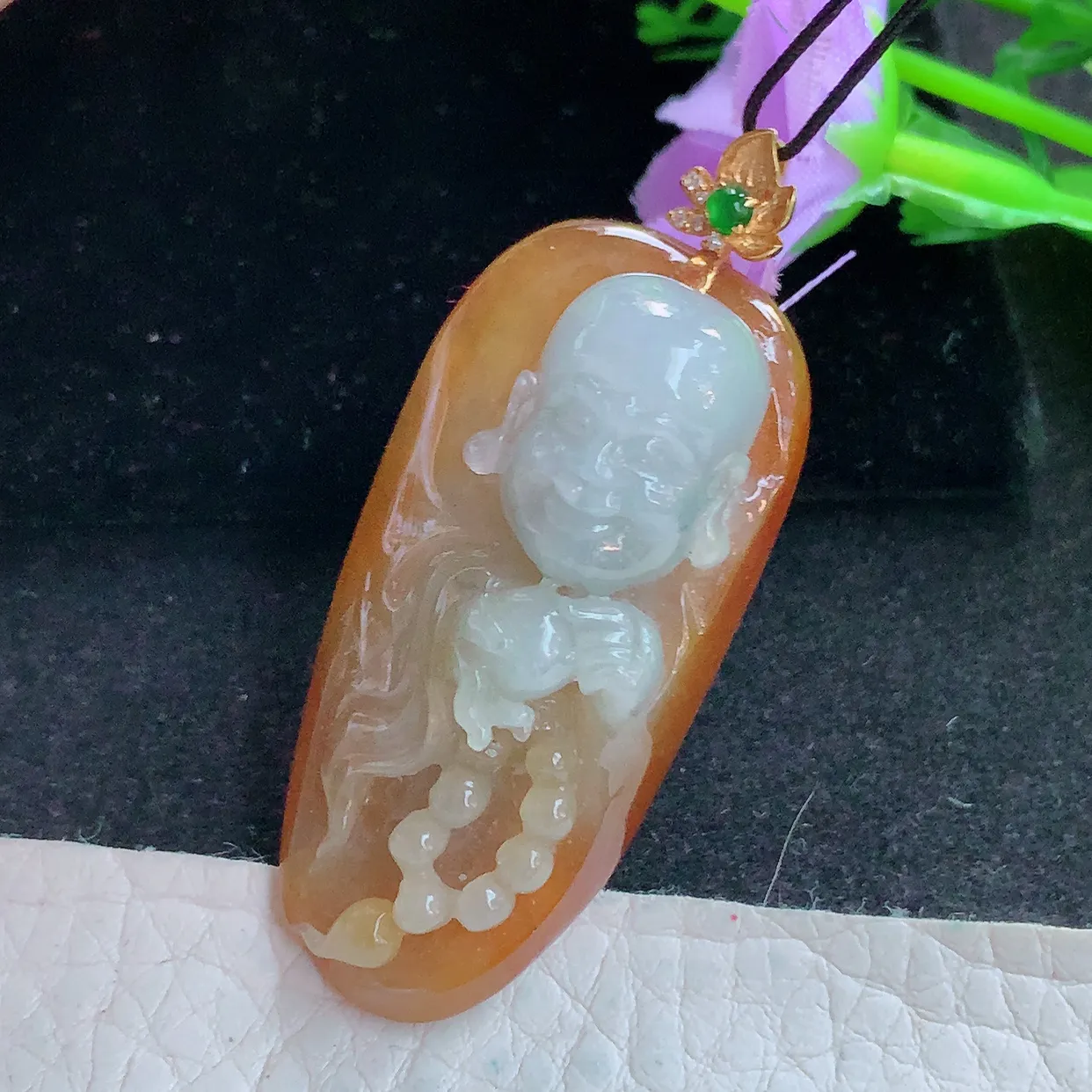 yl实拍42.3*20.5*14缅甸翡翠弥勒佛玉坠 红翡福在眼前项坠镶18k金扣