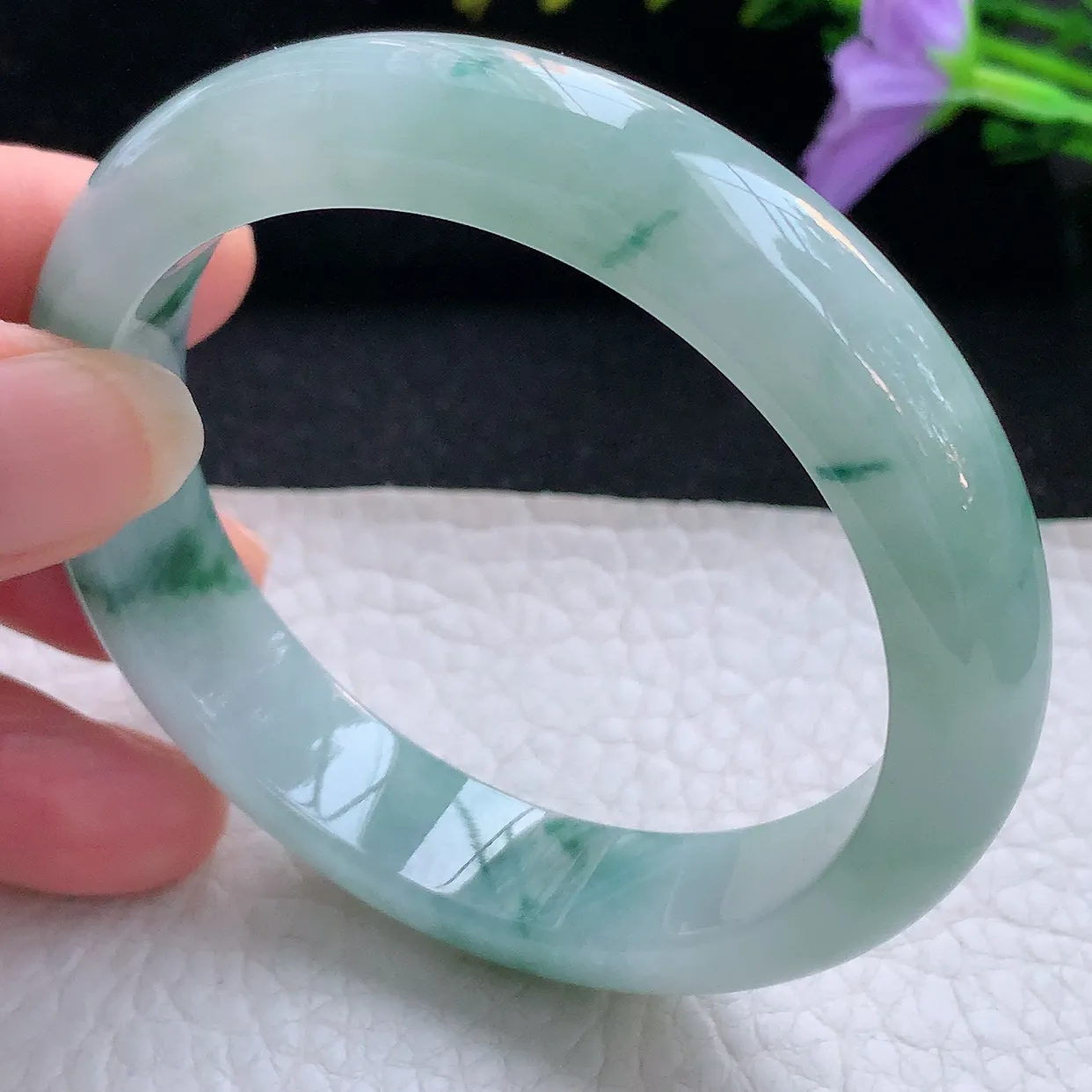 xh实拍55*12.2*8平安镯 天然缅甸翡翠手镯冰飘花玉镯