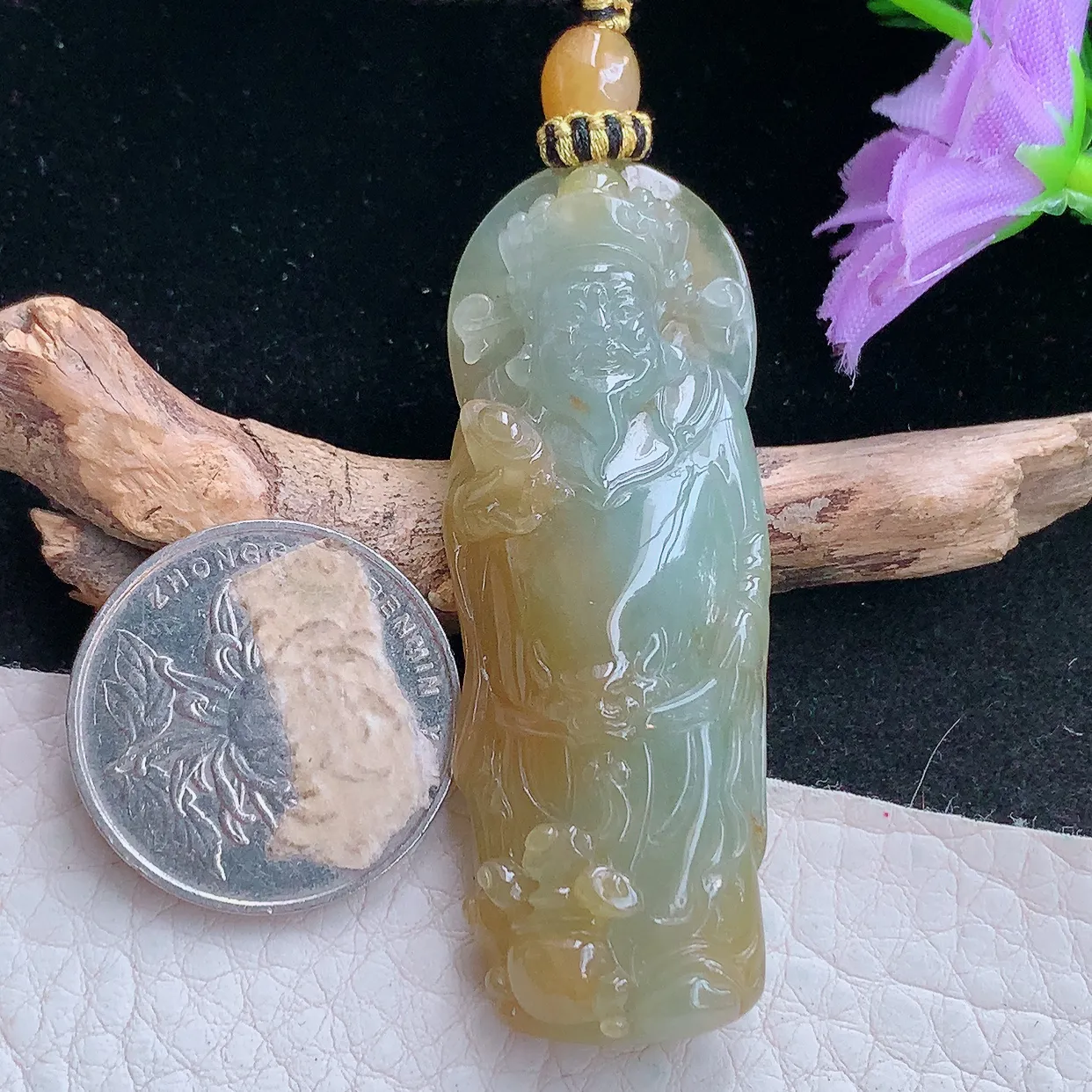 yl实拍56.5*20.3*10.5缅甸翡翠财神爷玉坠 红黄翡招财进宝镶18k金扣