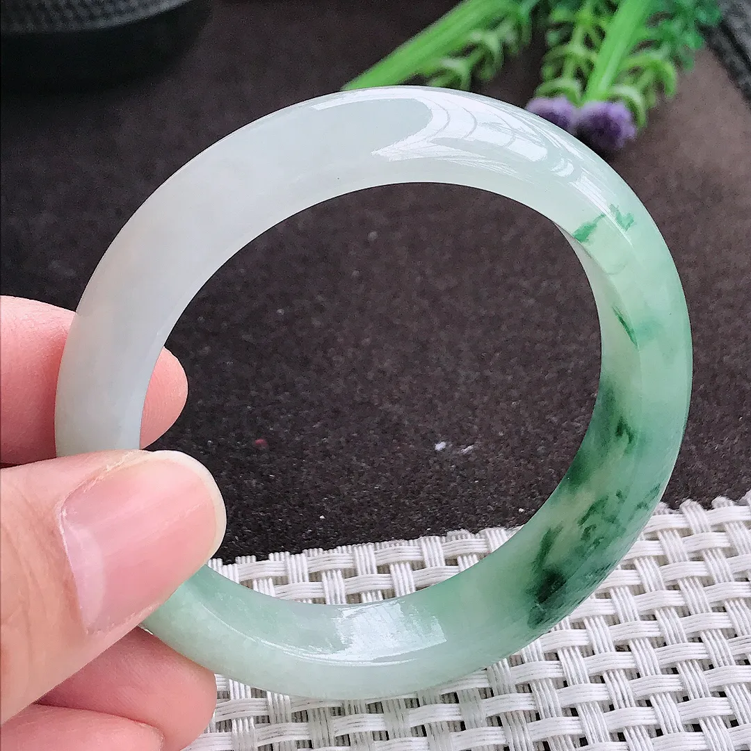 实拍A货翡翠51.8/12.6/7.7老坑冰胶水灵飘花手镯宽边玉镯手环
