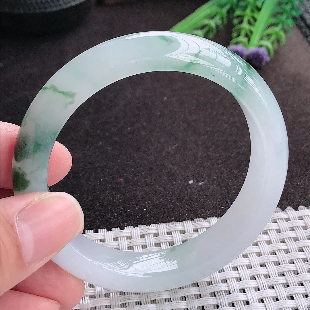 实拍A货翡翠55/12.6/8.8老坑冰透果冻胶冰飘花手镯宽边玉镯手环