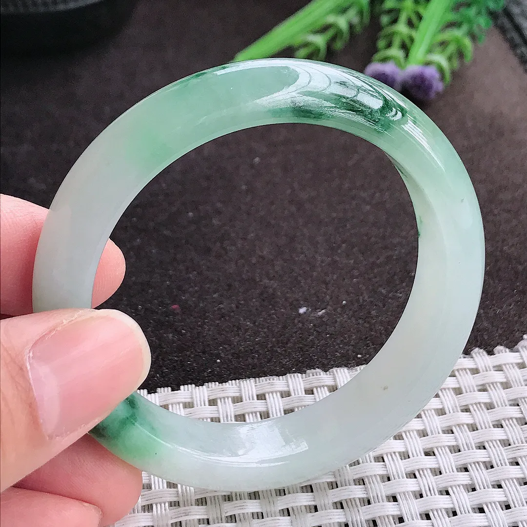 实拍A货翡翠51.8/12.6/7.7老坑冰胶水灵飘花手镯宽边玉镯手环