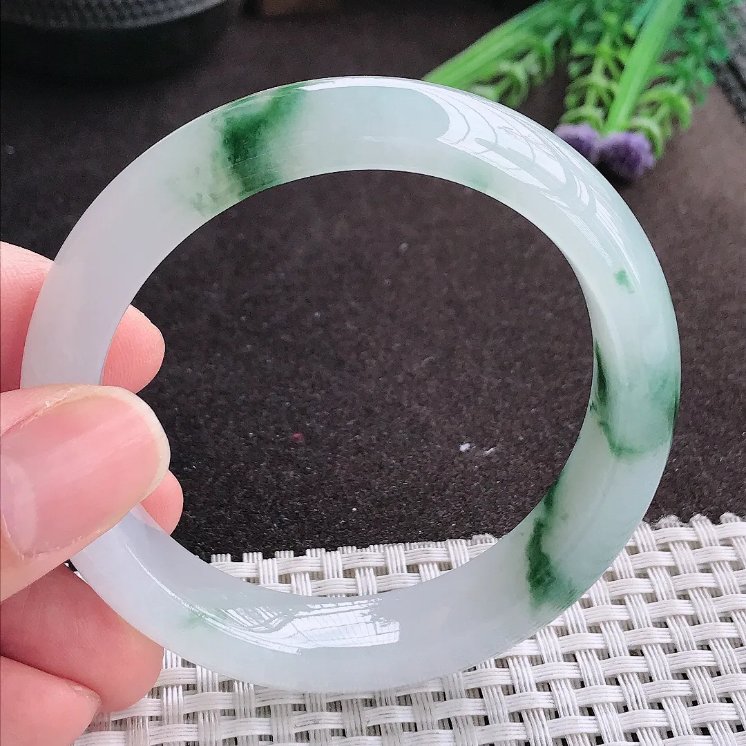 实拍A货翡翠55/12.6/8.8老坑冰透果冻胶冰飘花手镯宽边玉镯手环